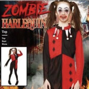 Zombi Harlequin kostim za decu – crveno-crni Halloween model – prikaz kostima
