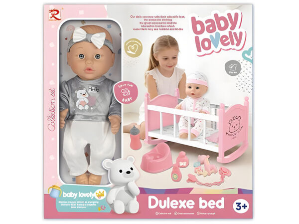 Baby Lovely lutka beba sa roze krevetićem i priborom – fotografija 1