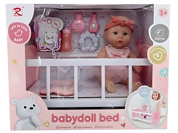 Baby Lovely lutka beba sa belim krevetićem i priborom – fotografija 1