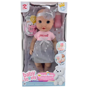 Baby Lovely lutka beba u sivo-roze haljinici sa flašicom – fotografija 1
