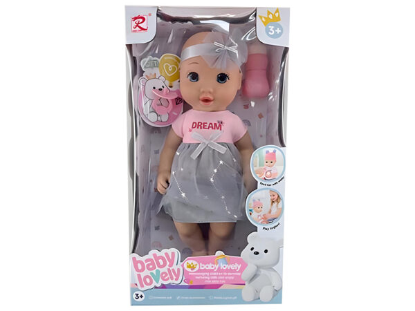 Baby Lovely lutka beba u sivo-roze haljinici sa flašicom – fotografija 1
